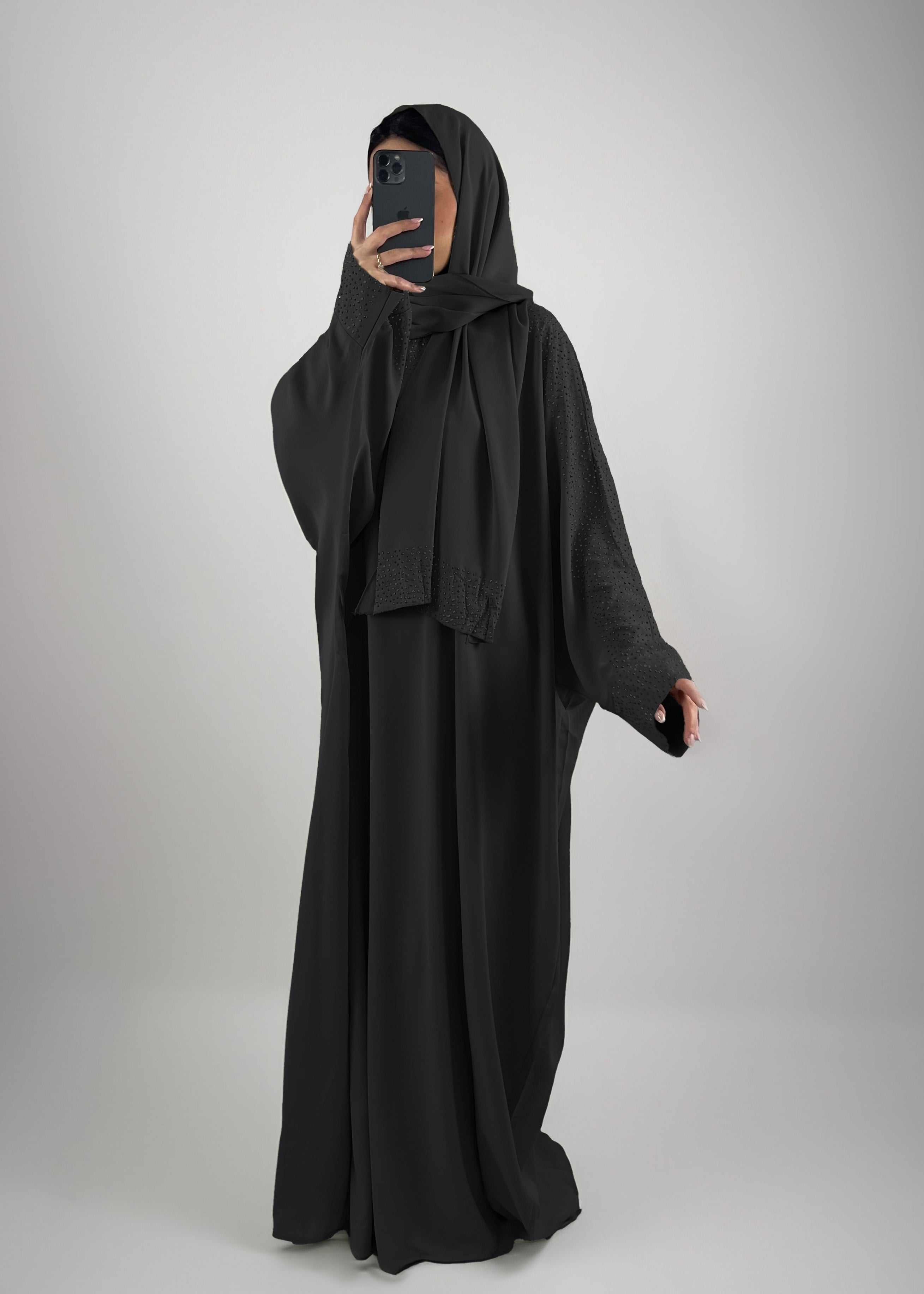 Weites Abaya Set mit Strass Schwarz